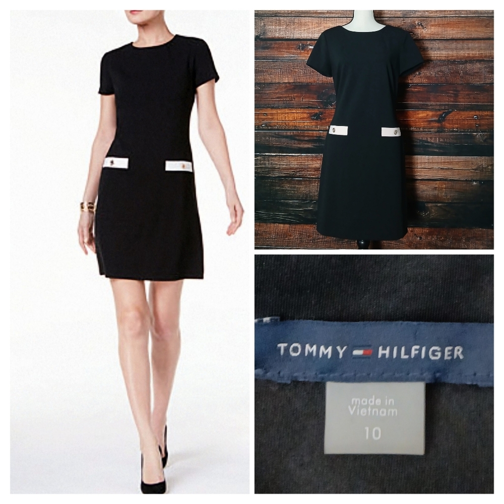 Tommy Hilfiger Dress 10 Shift Black Pink Faux Pocket Zip Back
